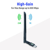 High Speed WiFi Adapter AC600Mbps Wireless Dual Band 2.4/5Ghz USB2.0 WiFi Adapter for PC/Laptop